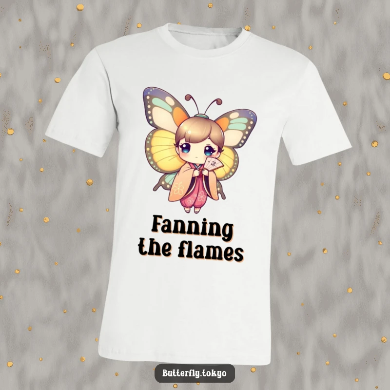 Funny Butterfly Kimono Fan Dancer T-Shirt showing a butterfly in a colorful kimono, elegantly wielding a paper fan.