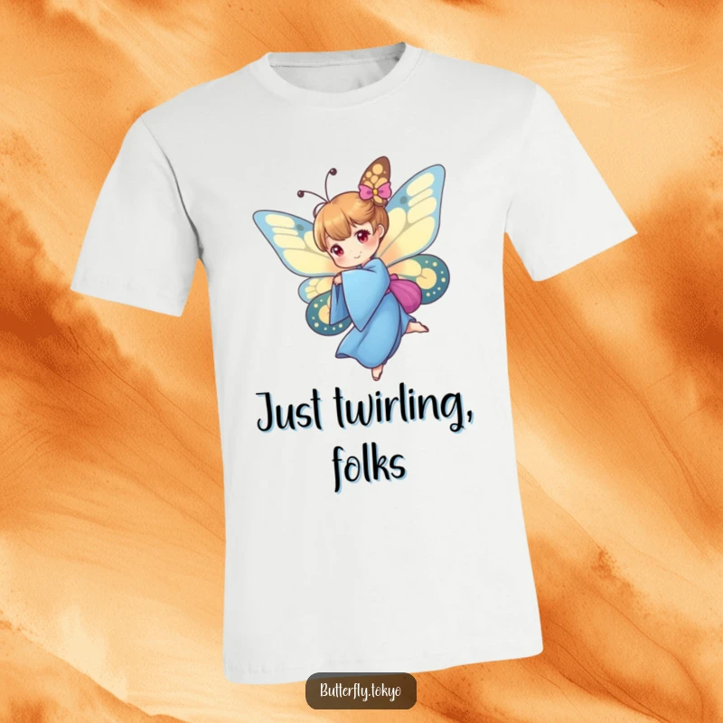 Funny Butterfly Blue Kimono T-Shirt illustrating a butterfly in a blue kimono executing a graceful spin, conveying energy and artistry.