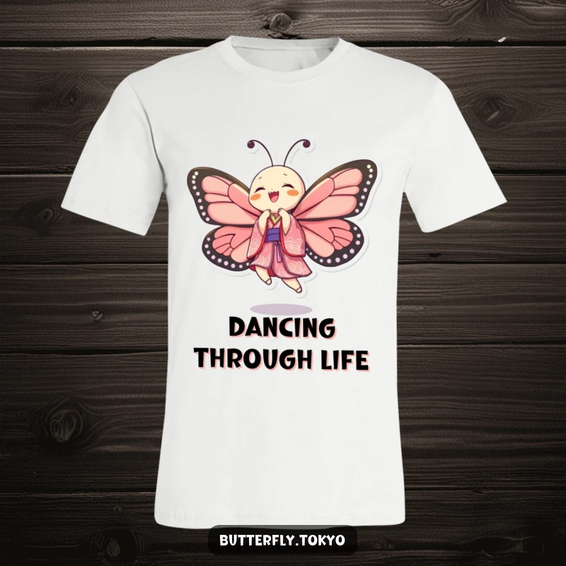 Funny Butterfly Kimono Dancer T-Shirt showing a butterfly in a patterned kimono, leaping with ecstatic, unrestrained joy.