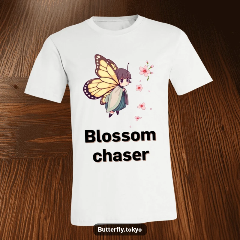 Funny Butterfly Kimono T-Shirt: A butterfly in a layered kimono humorously chases a falling cherry blossom with lighthearted intent.