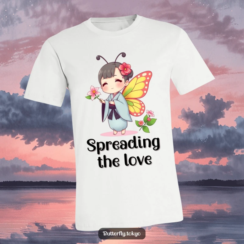 Funny Butterfly Kimono T-Shirt: A butterfly in a traditional kimono humorously offers a delicate flower in a gesture of kindness.