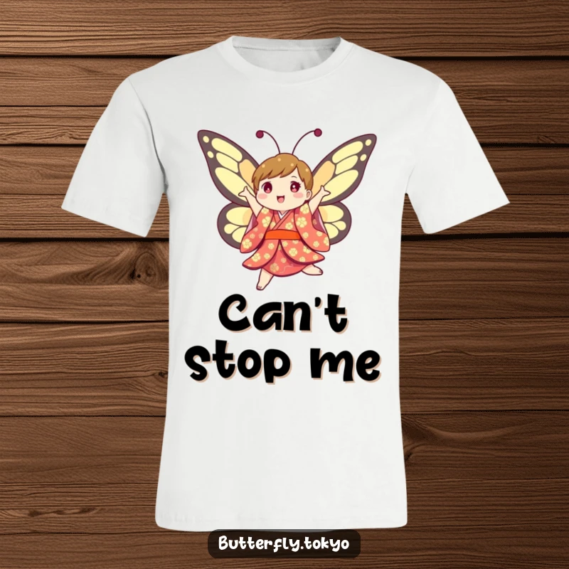 Funny Butterfly Kimono T-Shirt: Depicting a joyful butterfly in a colorful kimono, humorously jumping and twirling with infectious energy.