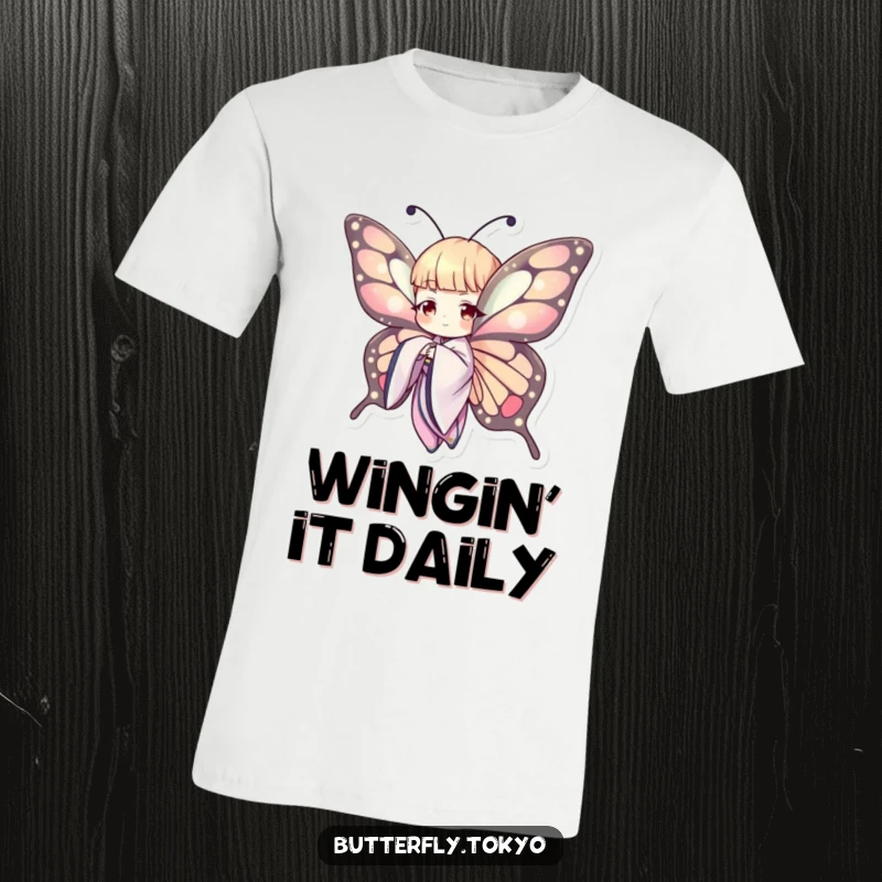 Funny Butterfly Kimono T-Shirt: Depicting a butterfly in a flowing kimono, gracefully extending one wing in a humorous, elegant gesture.