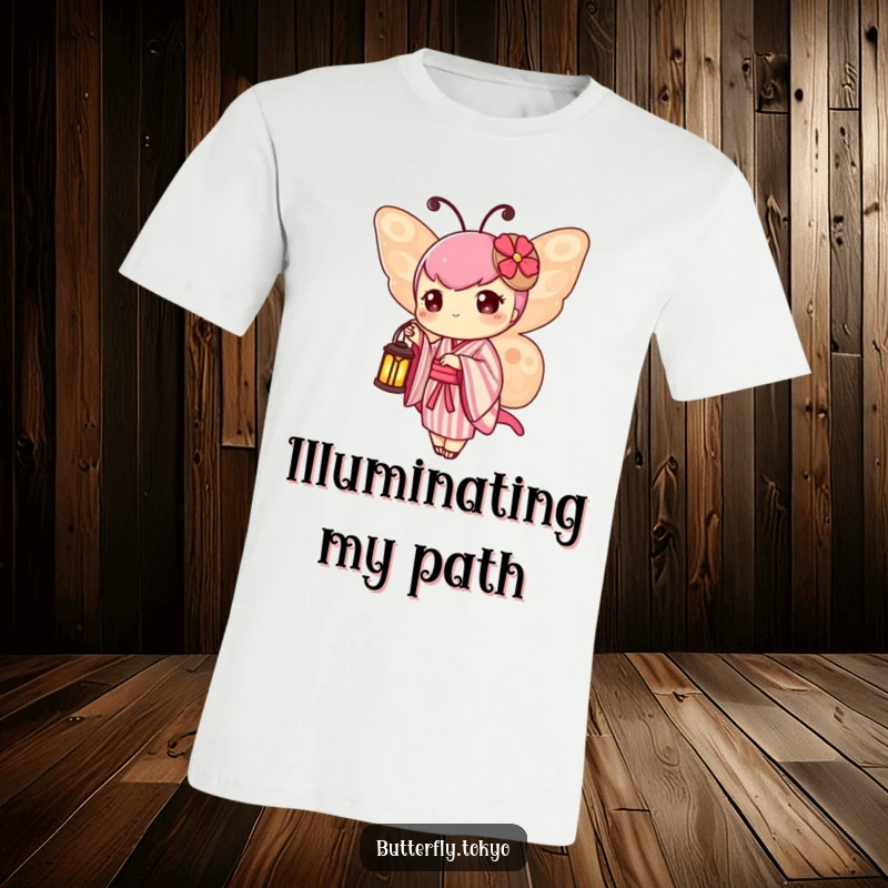 Funny Butterfly Lantern T-Shirt depicting a butterfly in a striped kimono, carrying a tiny, illuminated lantern.