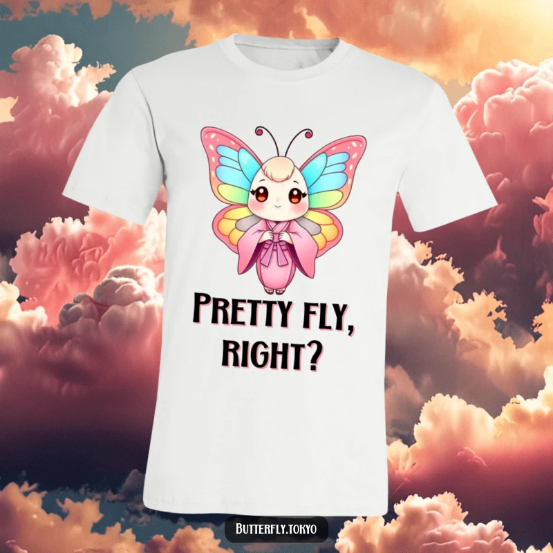 Funny Butterfly Pink Kimono T-Shirt showcasing a colorful butterfly in a beautifully flowing pink kimono, ready for a stylish day.
