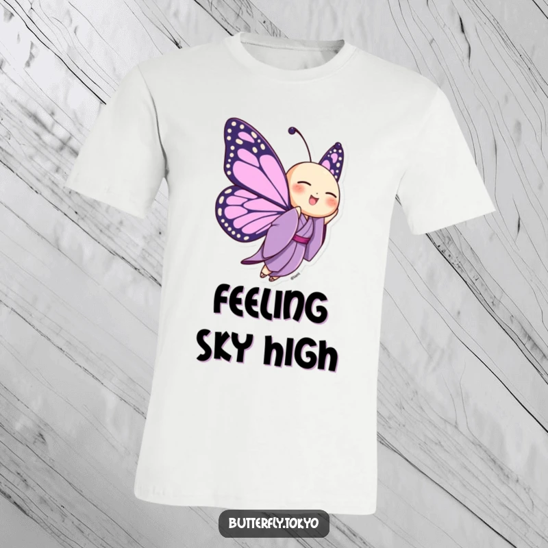 Funny Butterfly Purple Kimono T-Shirt showing a butterfly joyfully fluttering upwards in a purple kimono, conveying freedom and happiness.