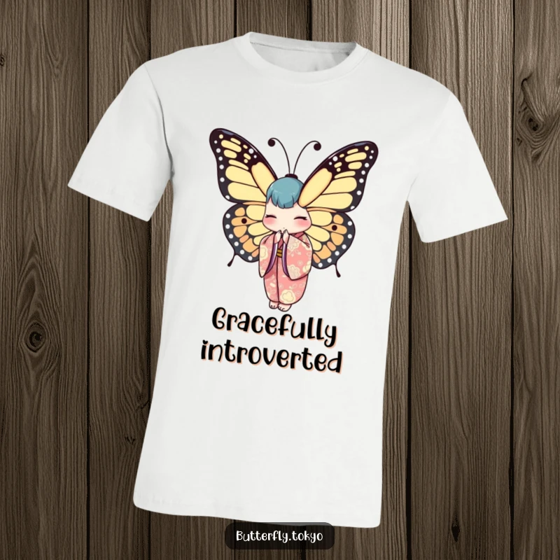 Funny Elegance Butterfly Kimono T-Shirt showing a butterfly in an ornate kimono, bowing with delicate, peaceful poise.