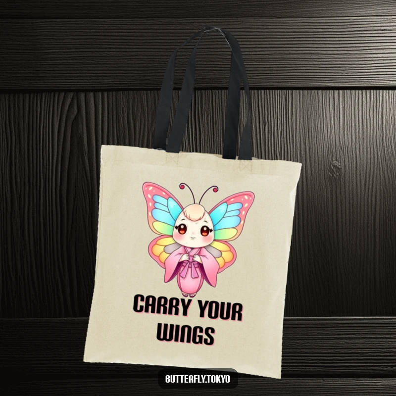 Funny Butterfly Pink Kimono Tote Bag featuring a colorful butterfly in a flowing pink kimono, perfect for carrying essentials with artistic flair.