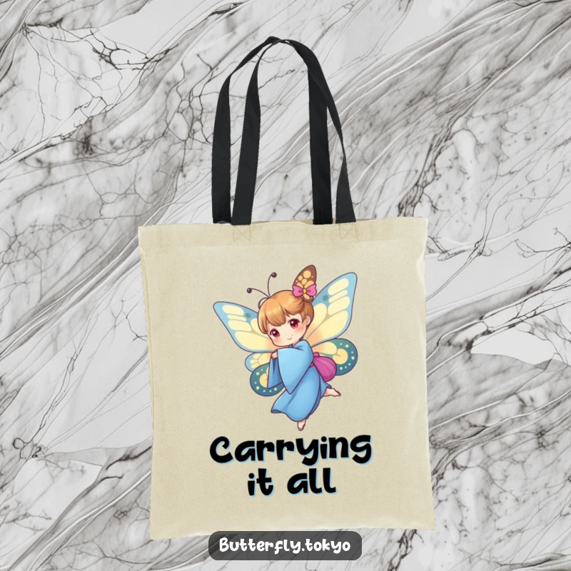 Funny Butterfly Blue Kimono Tote Bag showing a butterfly in a blue kimono performing a graceful spin, perfect for stylish carrying.