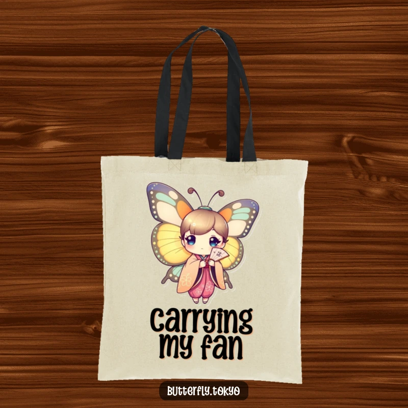Funny Butterfly Kimono Fan Dancer Tote Bag showcasing a butterfly in a bright kimono, holding an ornate paper fan.