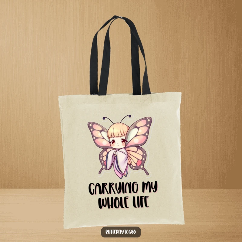 Funny Butterfly Kimono Tote Bag: A beautiful butterfly in a kimono gracefully extends its wing, making this a humorous and stylish accessory.