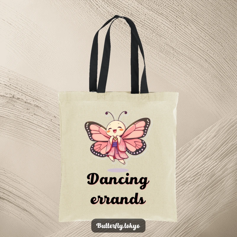 Funny Butterfly Kimono Dancer Tote Bag showcasing a butterfly in a patterned kimono, dancing with vibrant, unbridled happiness.
