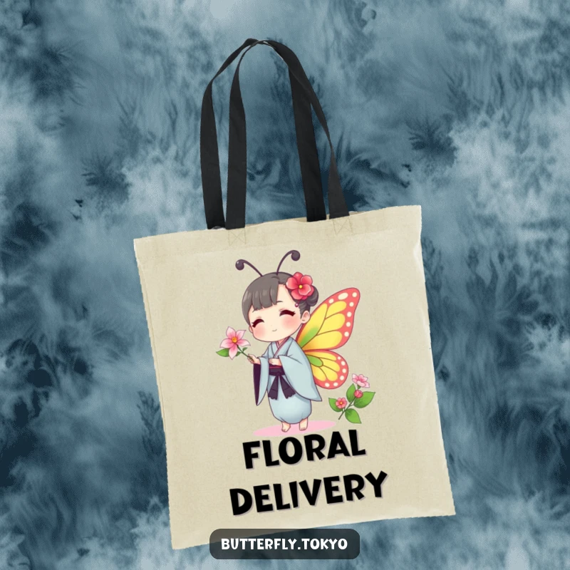 Funny Butterfly Kimono Tote Bag: A butterfly in a traditional kimono humorously offers a delicate flower, making this a stylish accessory.