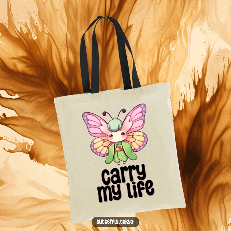 Funny Butterfly Green Kimono Tote Bag featuring a butterfly with wings spread wide in a green kimono, ideal for carrying essentials.