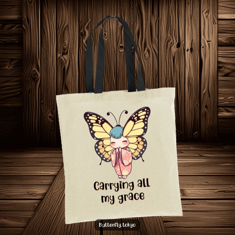 Funny Butterfly Kimono Tote Bag showcasing a patterned kimono butterfly bowing with understated, cultured grace and style.