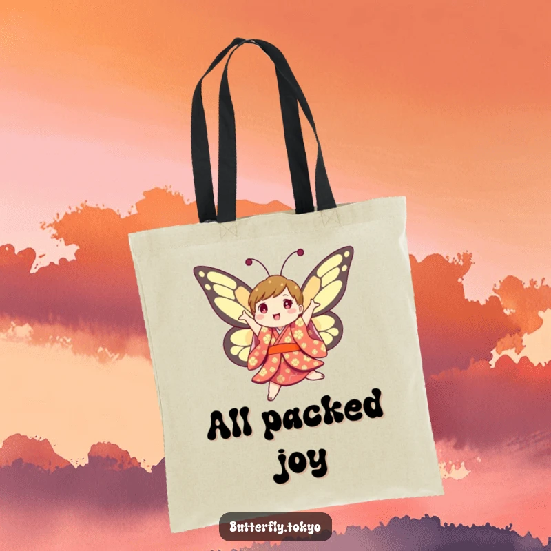 Funny Butterfly Kimono Tote Bag: A joyful, colorful butterfly in a kimono humorously jumps and twirls, making it a fun accessory.