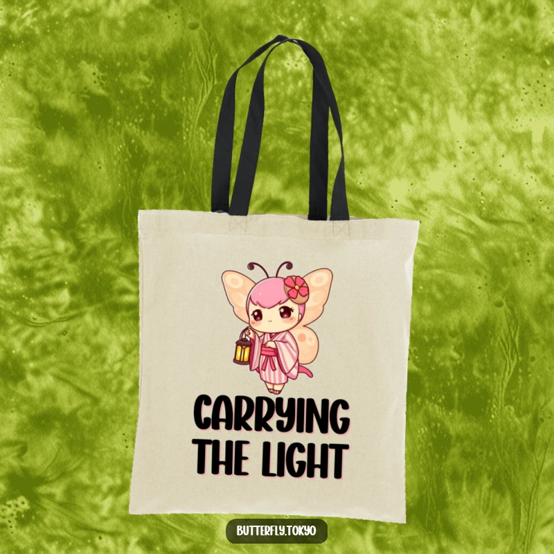 Funny Butterfly Lantern Tote Bag featuring a butterfly in a striped kimono, carrying a small, lit lantern.