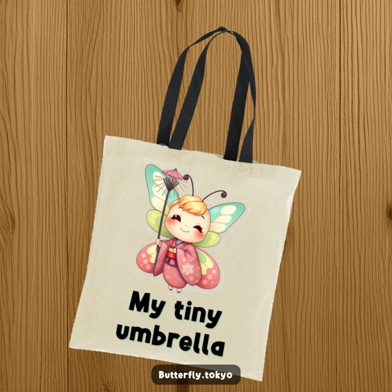 Funny Butterfly Parasol Tote Bag: A cheerful butterfly in a vibrant kimono humorously balances a parasol, perfect for stylish, fun shopping.