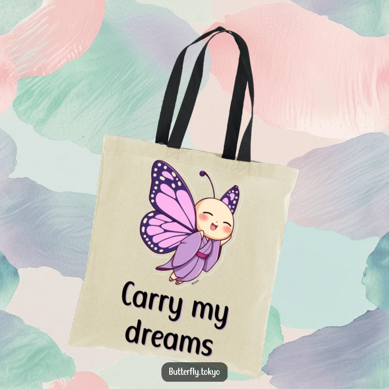 Funny Butterfly Purple Kimono Tote Bag showing a butterfly joyfully fluttering upwards in a purple kimono, perfect for carrying inspiration.