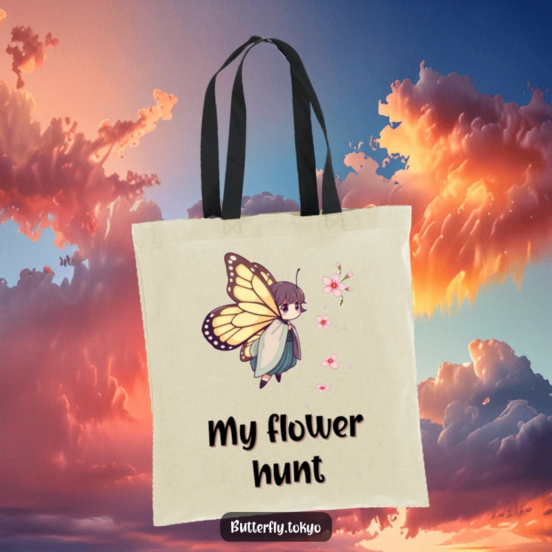 Funny Butterfly Kimono Tote Bag: A butterfly in a layered kimono humorously chases a falling cherry blossom, making it a whimsical accessory.