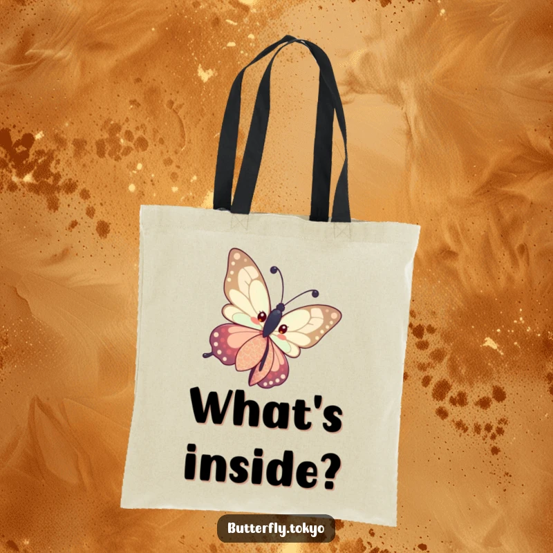 Funny Butterfly Patterned Kimono Tote Bag showing a butterfly curiously tilting its head in a patterned kimono, perfect for carrying discoveries.